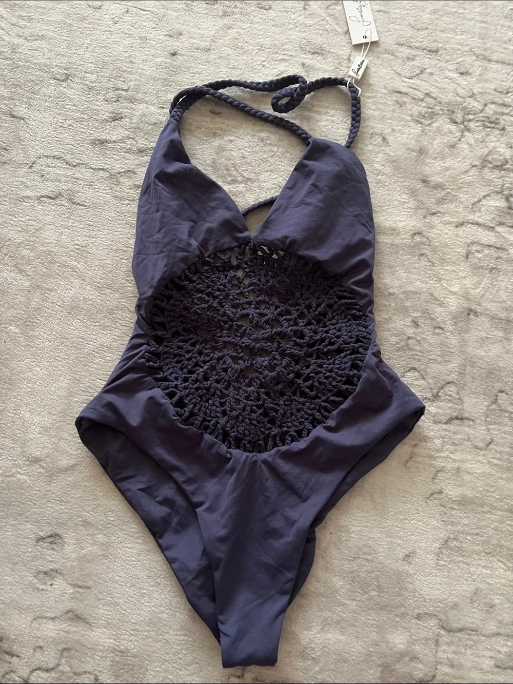 Frankie’s Bikinis One-Piece Swimsuit with Crochet Front in Navy